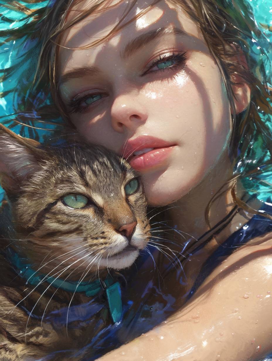 Beautiful woman opening her eyes in the pool with a cat, in the style of Karol Bak, Zack Snyder, and Michael Page, shot on Leica