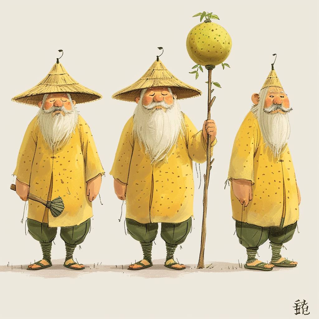 Grandpa Yuxiang's IP, a hat made of pomelo skin, a cartoon with a round pomelo body, long eyebrows and beard, carrying a hoe ready to go out into the field. Draw left, front, and back views respectively, --quality 0.5 --v 6.0