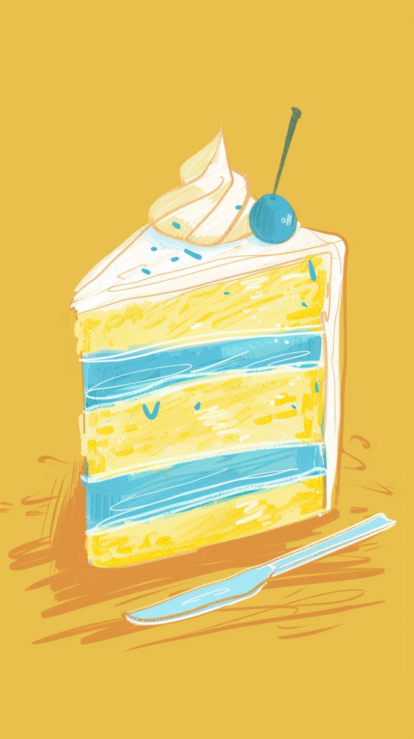 A simple cartoon drawing of a piece of cake that looks like it would come from the Adventure Time show using pastel yellow and blue shades.