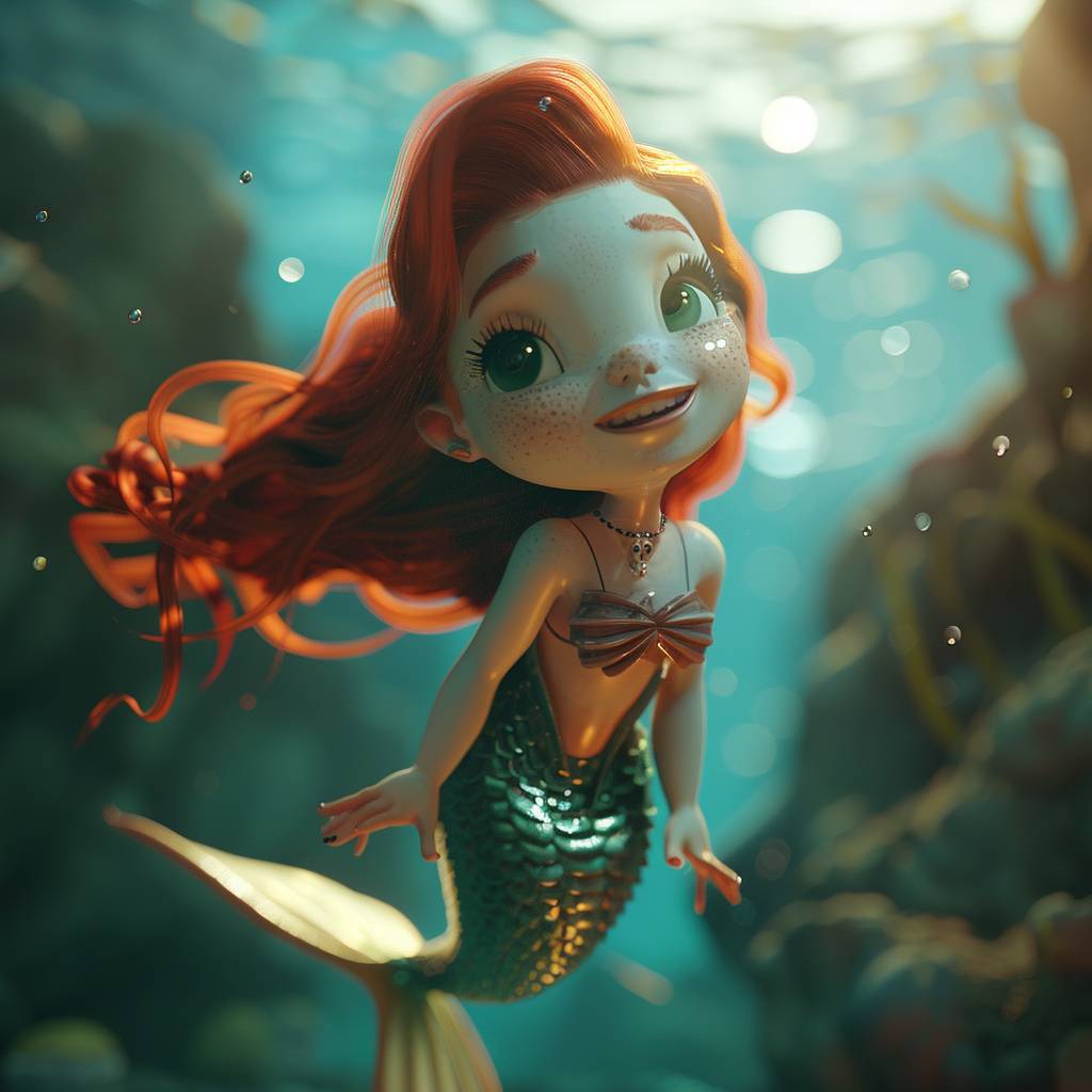 A cinematic still of a mermaid, 3D render neat and matte octane cartoon style, bright colors, soft shadows, and a warm atmosphere