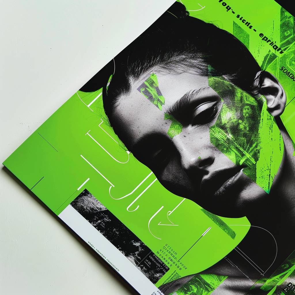 Printed layout of a contemporary art magazine. Ultra-modern design, bold typography, large bright green headers, unconventional use of high-fashion photography.