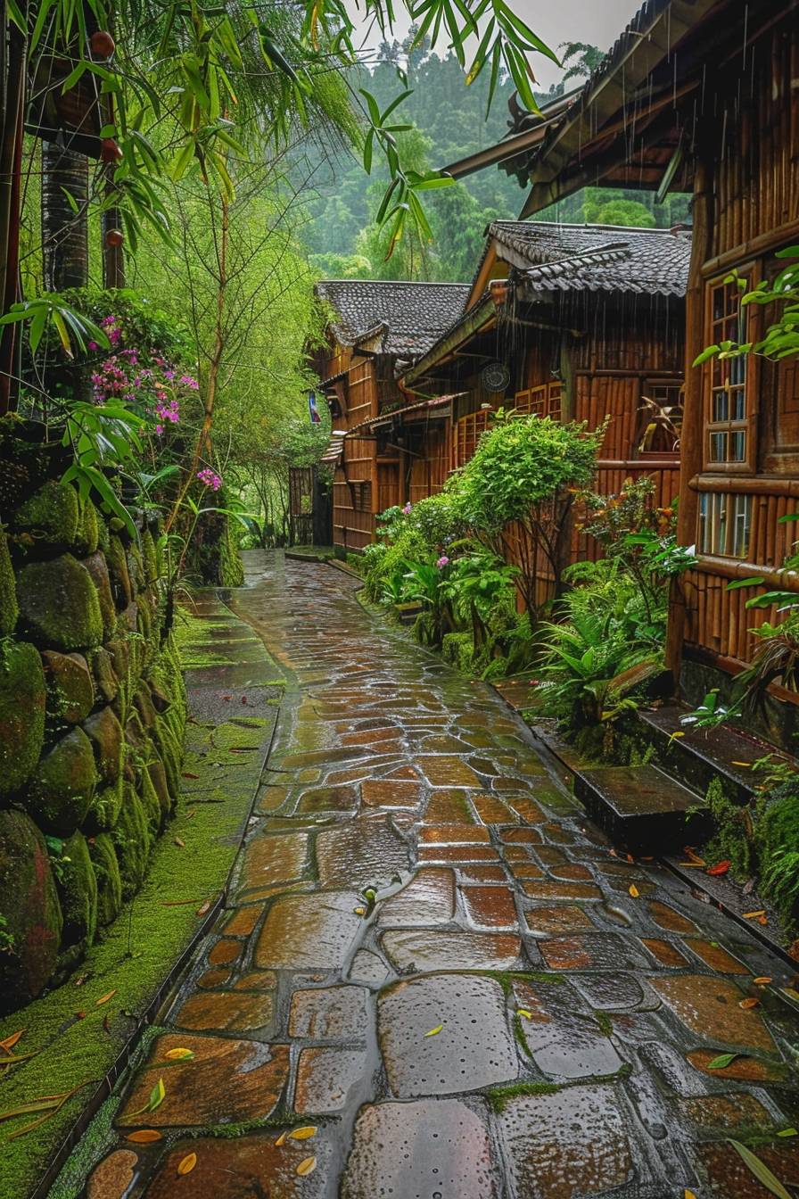 After the rain, the green bamboo forest path is lined with wooden houses, it's full of plants and flowers. The wet ground is covered with moss, the wet stone road is covered with droplets. The stream runs down the tree trunk, a beautiful landscape was created in a serene setting. It was captured in high definition photography.