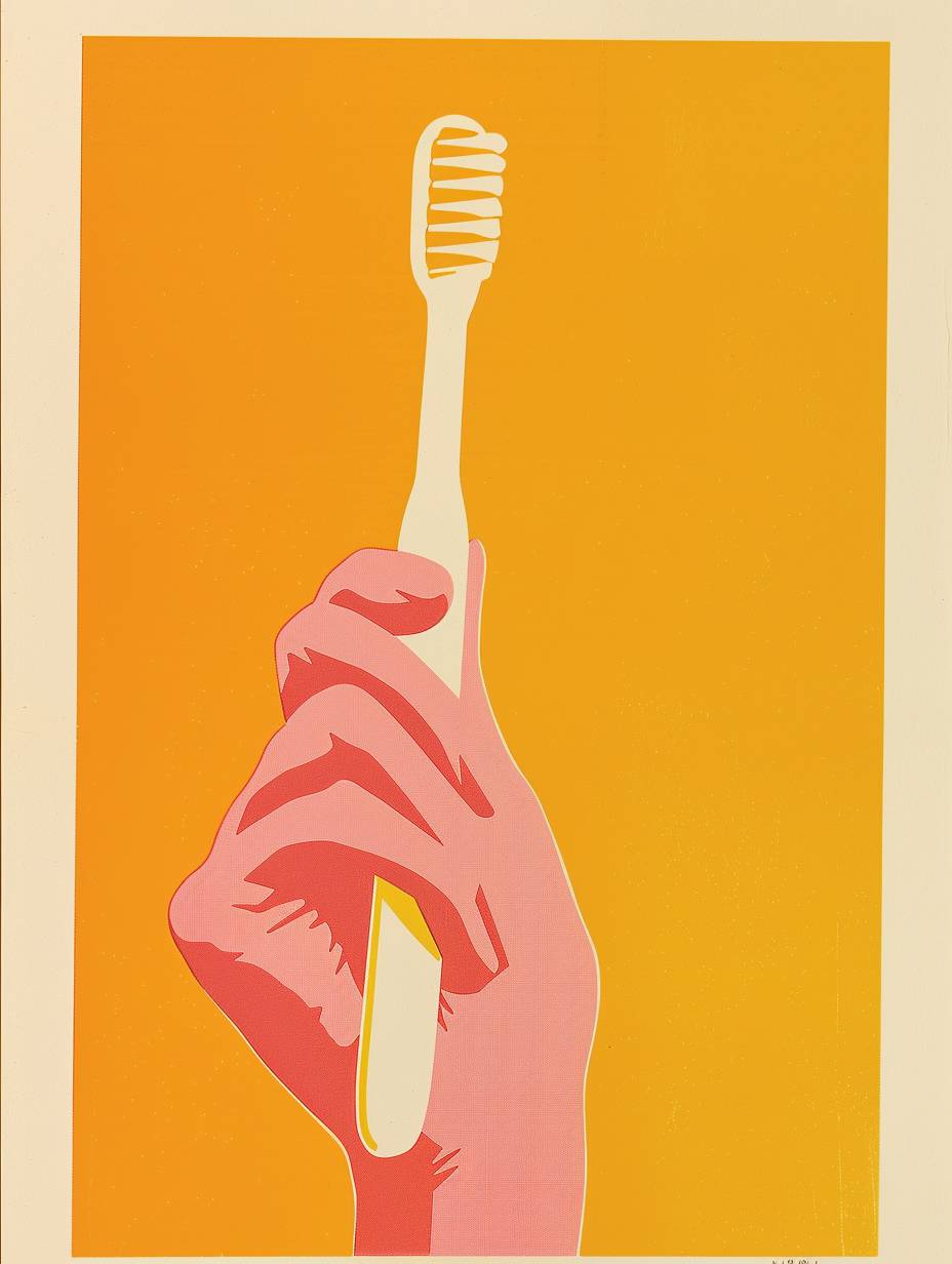 A fauvist-style, simple minimalistic, funny retro risograph of a kid's hand holding a toothbrush, 1960s ad with text, neutral colours