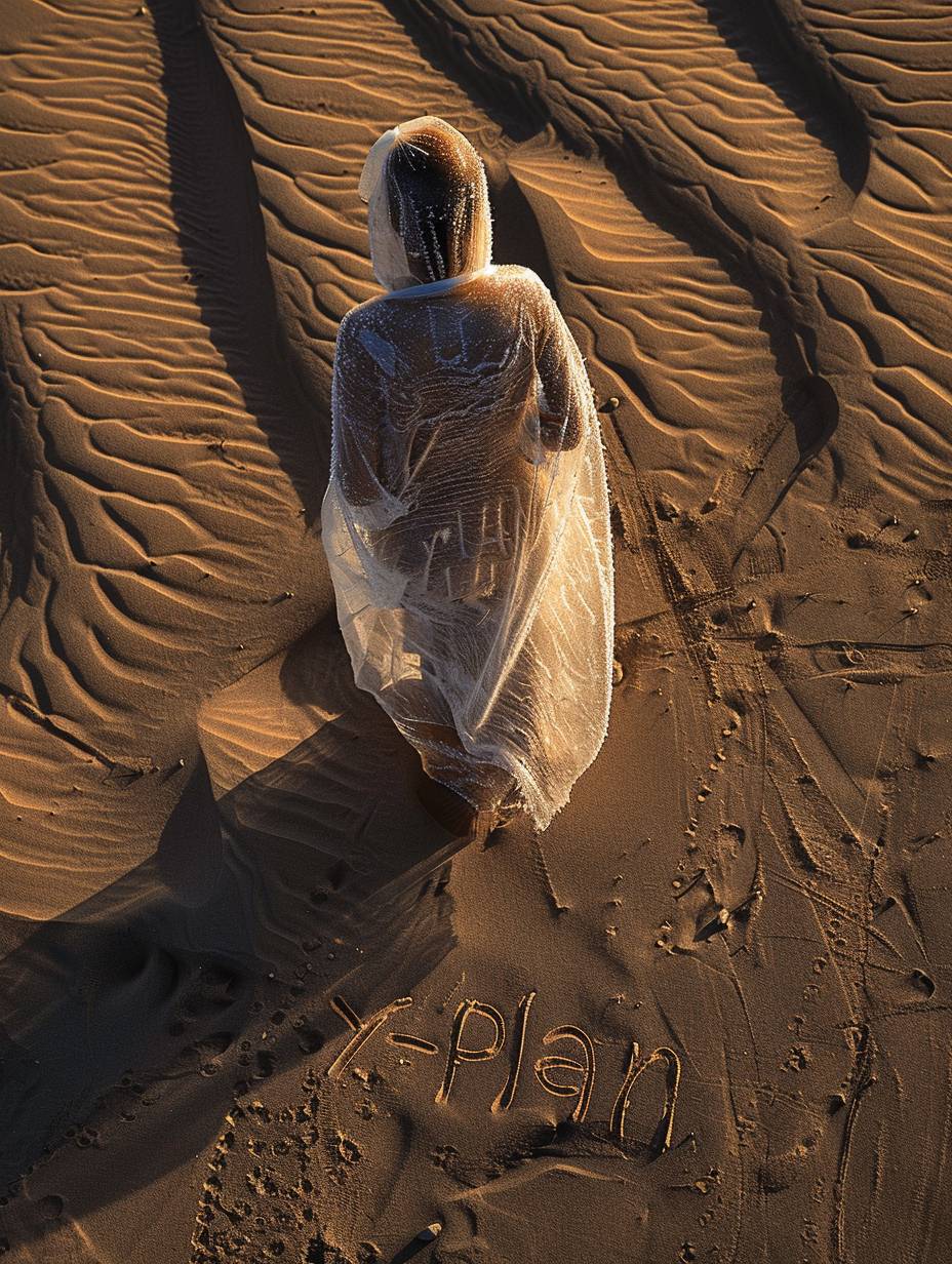 서리처럼 가는 가우스를 입은 여자가 뜨거운 사막을 걷고 있습니다. 클로즈업 샷에서 사막에 'Y-Plan'이라고 써져 있습니다. 그녀가 걸어 간 흔적으로 물이 있습니다. 세부사항은 명확하고 묘사가 현실적입니다.
