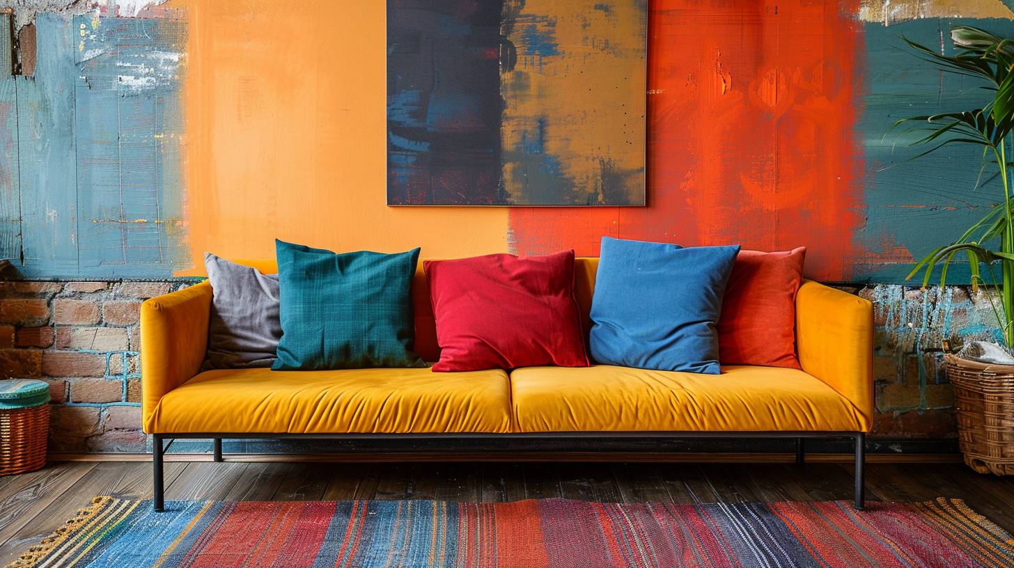 Interior photo of a sofa, painting on the wall behind, color blocking