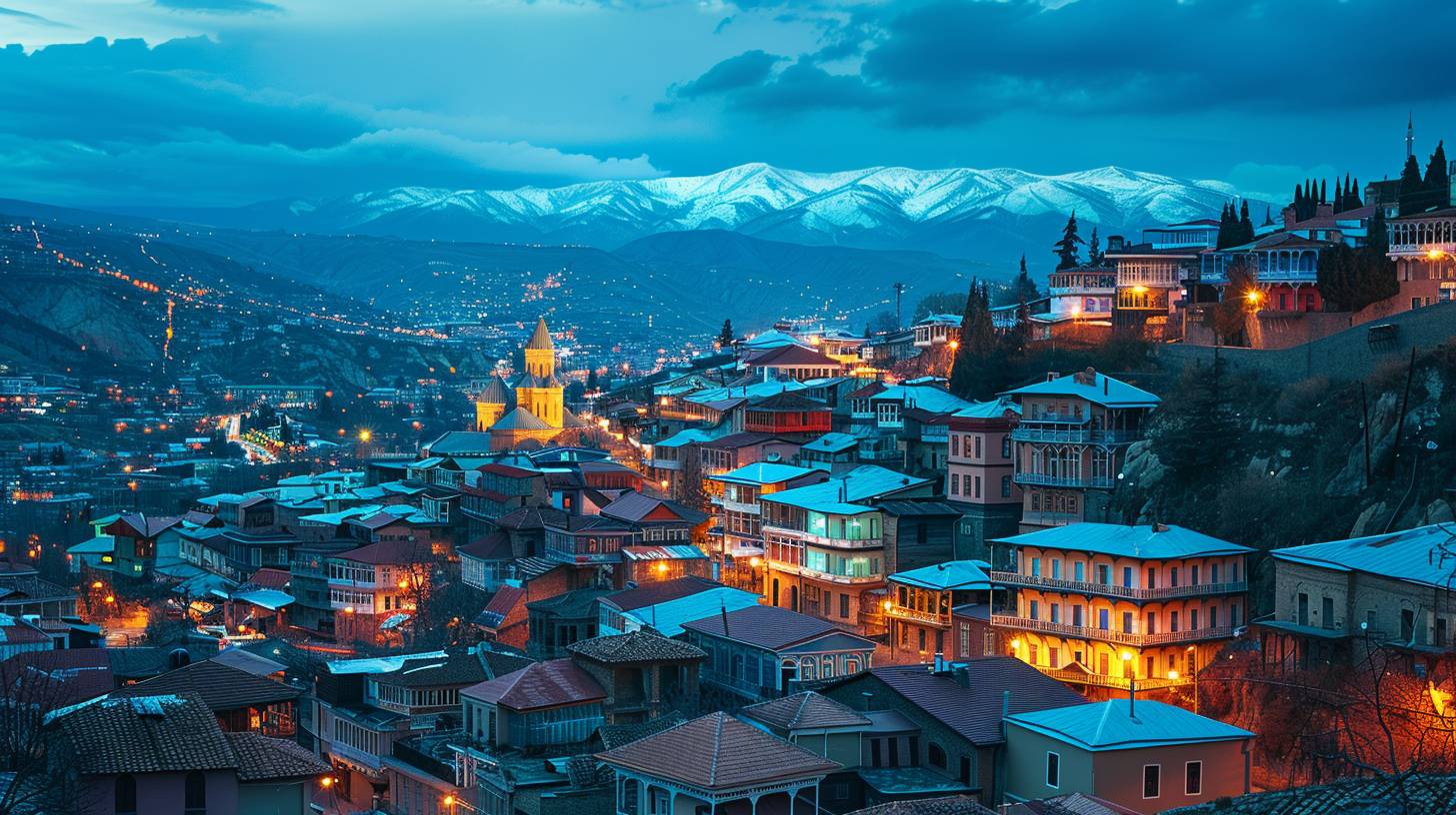 夕暮れ時に輝くテラス状の都市風景のトビリシ市。背景には雪をかぶった山々が広がっています。明るいシアンとアズールの鮮やかで鮮明な色彩が特徴です。