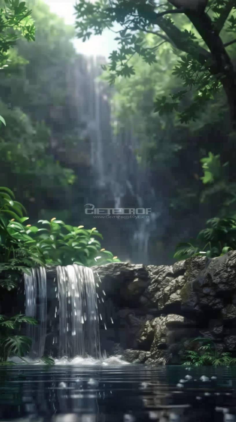 A serene waterfall surrounded by lush greenery. The water cascades down rocks, creating a soothing sound. In the style of a nature documentary.
