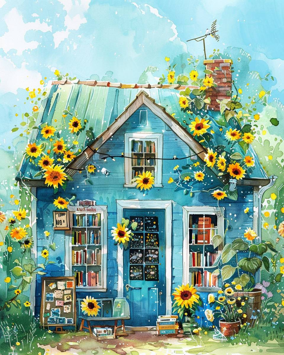 A watercolor painting of a pastel blue bookstore decorated with sunflowers, a flower-filled roof, and a green roof gives a bright and warm feeling