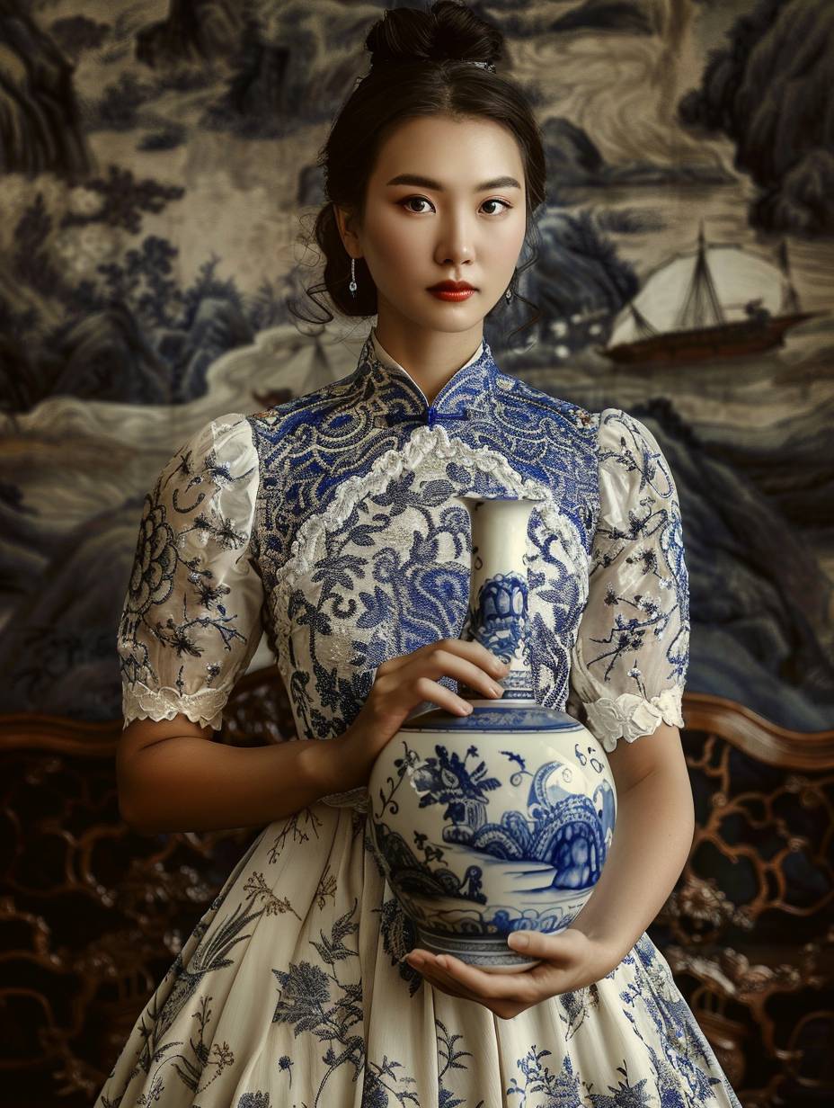 An Asian woman wearing a white and blue dress holding a vase, in the style of large scale paintings, monochromatic elegance, tabletop photography, animal motifs