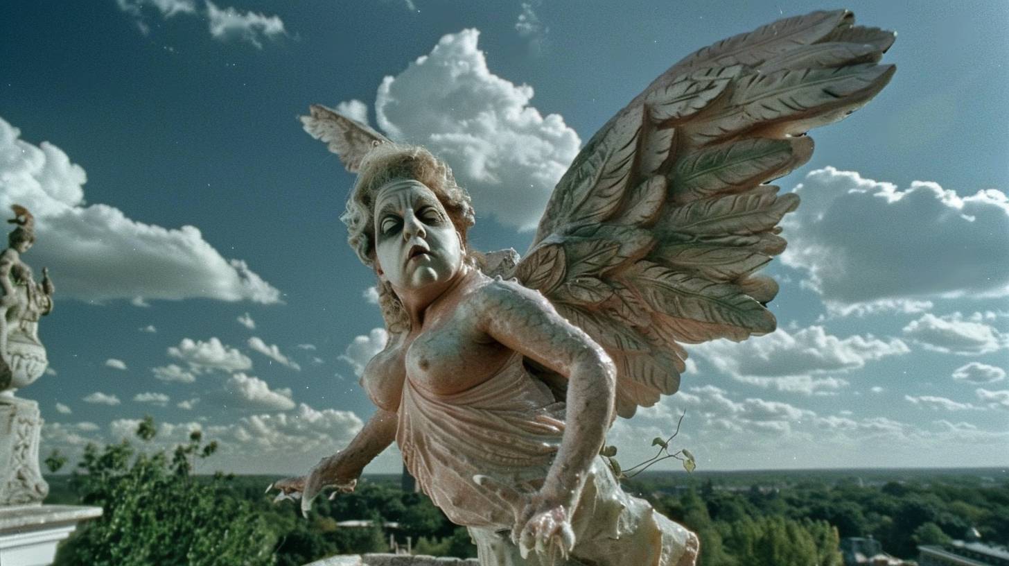 In a photo studio, a hairy, bearded, 150kg fat ballet dancer in a gargoyle costume performs a scene from Swan Lake. The dancer strikes a graceful pose, with dramatic studio lighting highlighting the scene. The background features typical photo studio elements like softboxes and backdrops. In the style of Helmut Newton, this piece includes surrealistic white cotton candy clouds and a close-up pinkish Shiba Inu balloon. This psychedelic art is from the collection of Tony Robert, in the style of Shiny Eyes, Patrick Woodroffe, Philippe Caza, psychedelic artwork, digital airbrushing, detailed facial features, vibrant color gradients, schizowave, and sakuga animation cel.