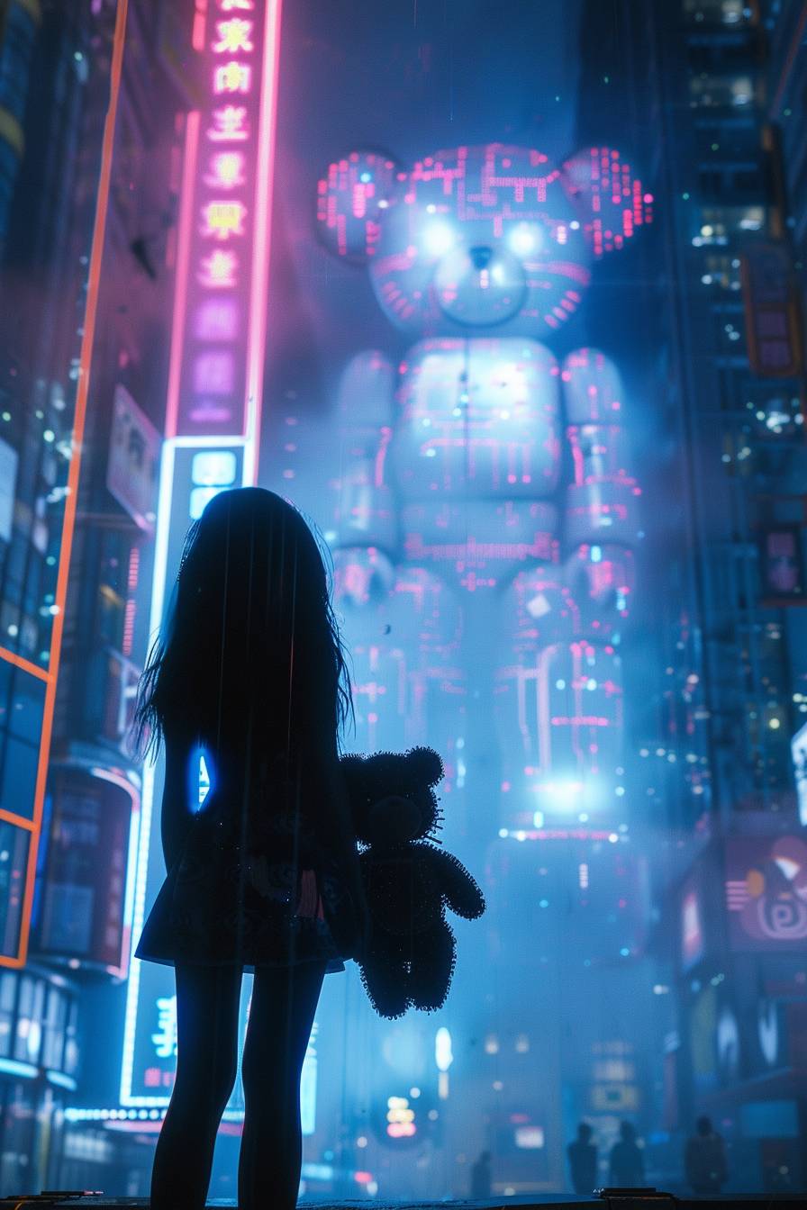 A breathtaking young woman, her silhouette striking against the backdrop of a neon-drenched skyline, gazes out with eyes that shimmer with artificial intelligence. She clutches a tattered teddy bear, its stuffing replaced with circuits and LEDs, a poignant reminder of lost innocence. Before her stands a portal of fractured virtual reality shards, each reflecting a different facet of her identity, as she teeters on the edge of two worlds, both real and digital.