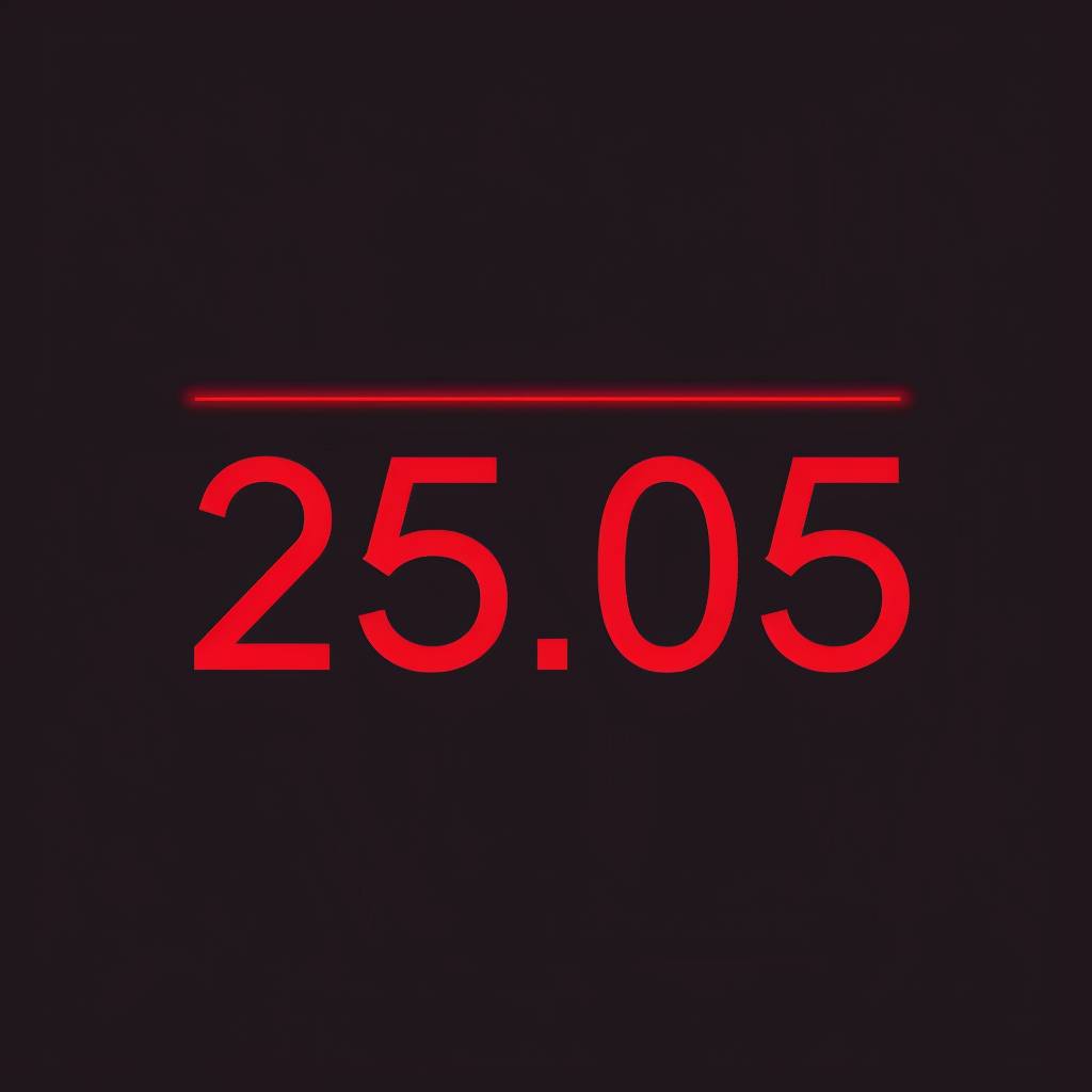 赤いテキスト「25.05.25」。赤いボールドコンデンスフォントの数字