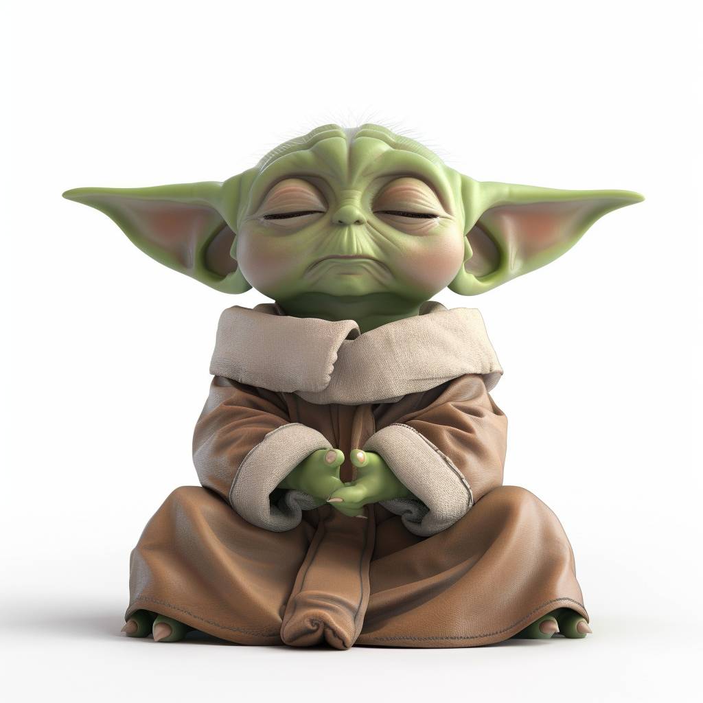 Cute Baby Yoda meditating, white background, character design in the style of octane render, hyper-realistic, cute character, chibi character, isolated on white