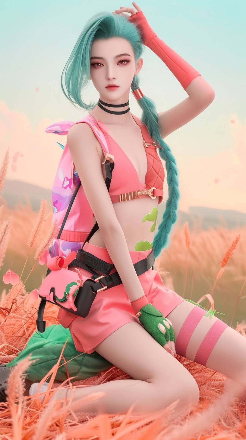 League of Legends super character jinx posing sensually, in the style of hajime sorayama, textured surface layers, gold and emerald, dynamic outdoor shots, realist detail, expansive skies
