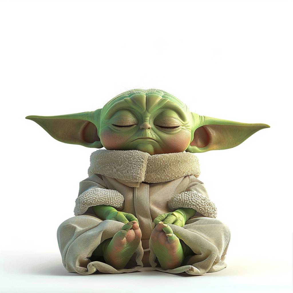 Cute Baby Yoda meditating, white background, character design in the style of octane render, hyper-realistic, cute character, chibi character, isolated on white