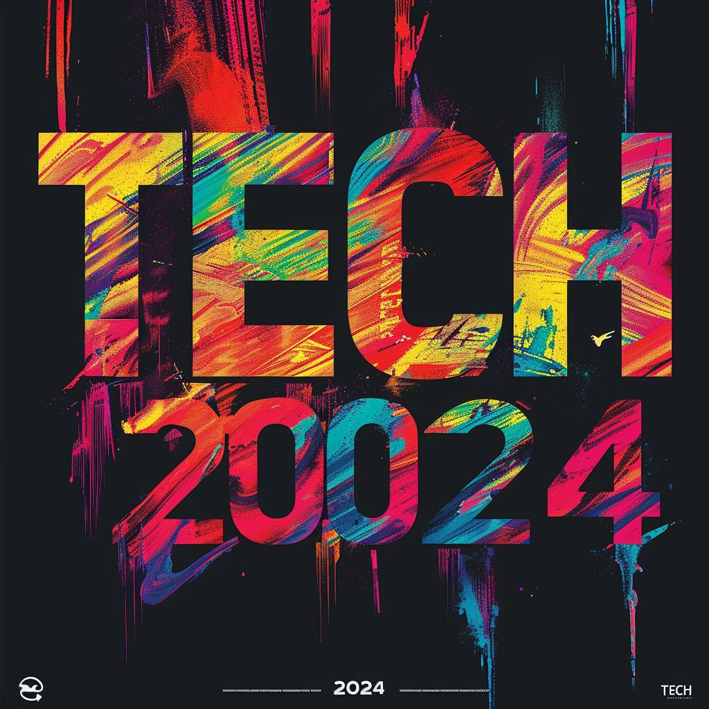 Techno music festival poster with symmetrical composition. Text "TECH 2024" in large letters