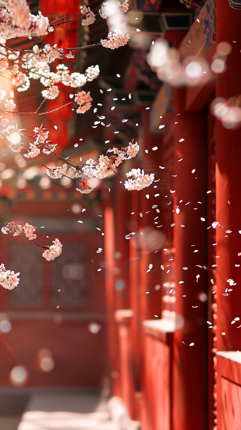 Spring, cherry blossoms falling on the red wall of an ancient Chinese building in a close-up shot. The lighting is bright and soft, creating a depth of field effect. The scene is characterized by warm colors, with light white petals floating in midair and delicate petal details. Soft shadows cast by the flowers add to the overall charm. This scene is full of vitality and resembles the style of an ancient Chinese painting.