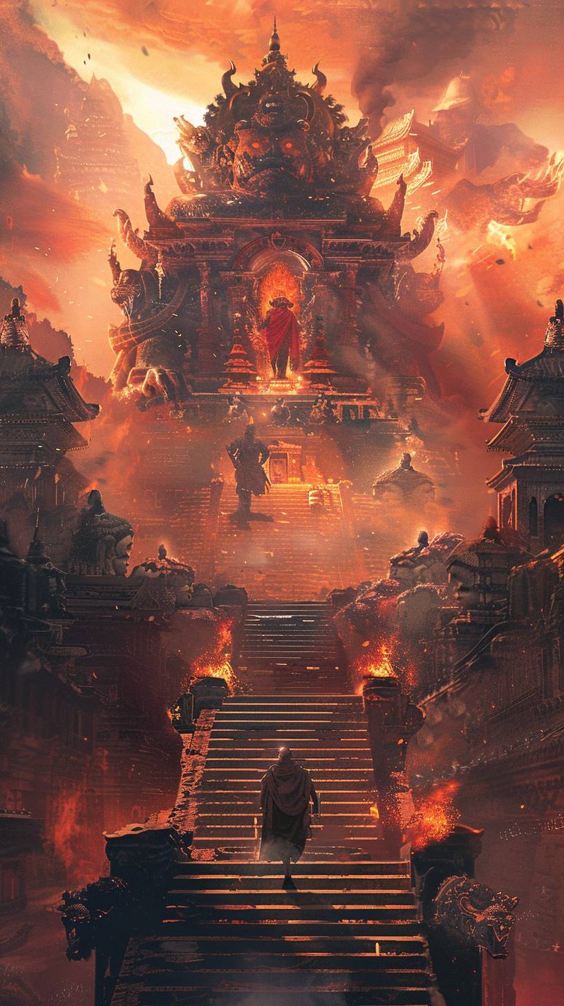 非常に背の高い悪魔が暗い城で階段を上る様子と、多くの神々と仏陀に囲まれた画像、朱色と暗いオレンジ色の異世界のスタイル、壮大な廃墟、大規模で静かなビジュアル、壮大な肖像画