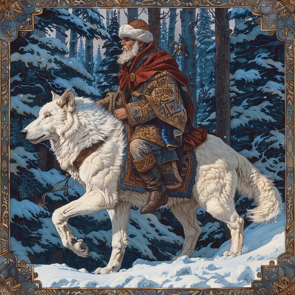 Ivan Bilibin's painting depicting lord of winter riding white wolf --stylize 275 --v 6.0