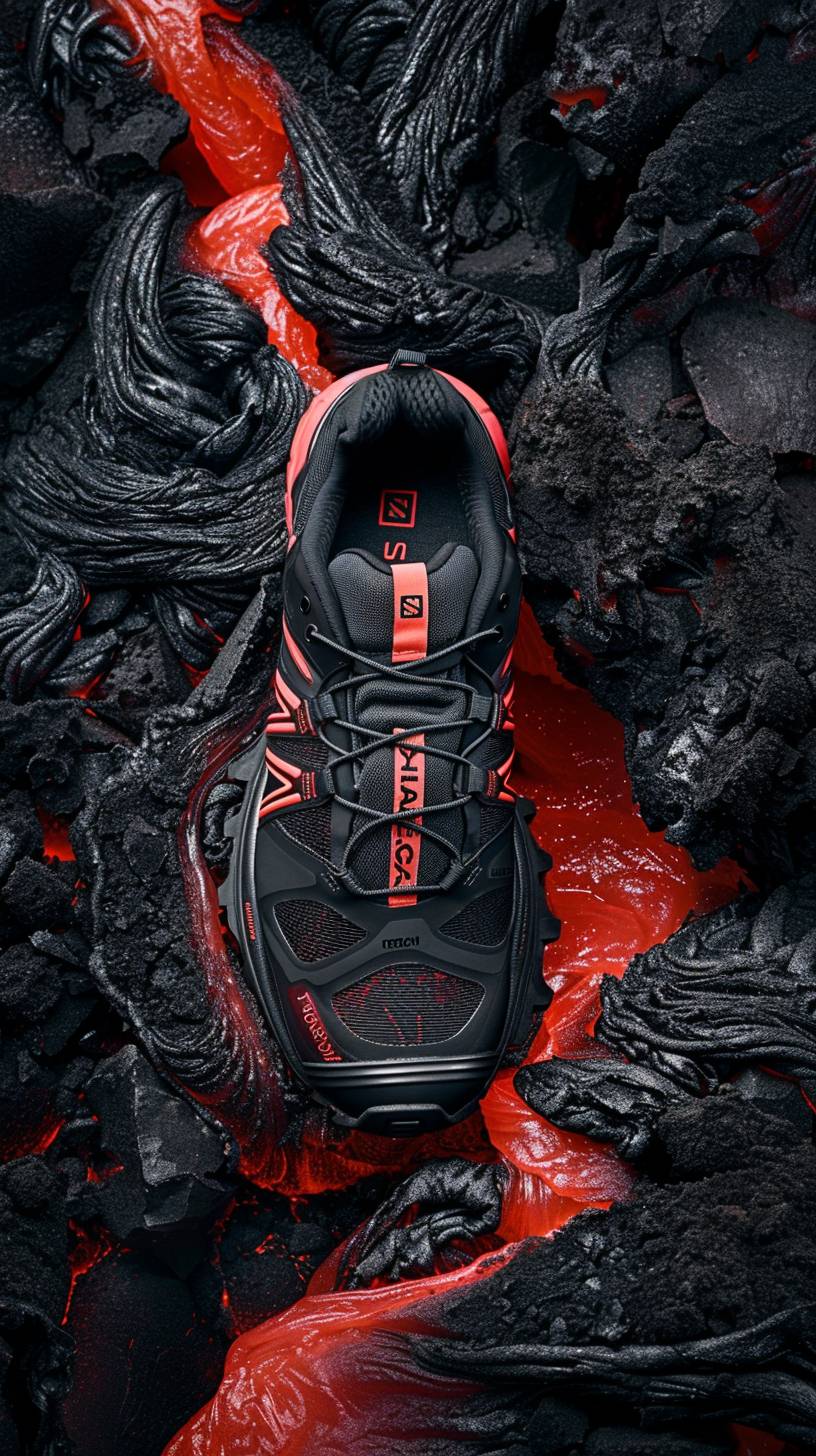 A Salomon sneaker lying on magma, product photography, still life photography, commercial lighting, real, clean, volcanic eruptions, obsidian, magma, from above, Canon EOS5, Kodak E100G, black and red tones, panorama