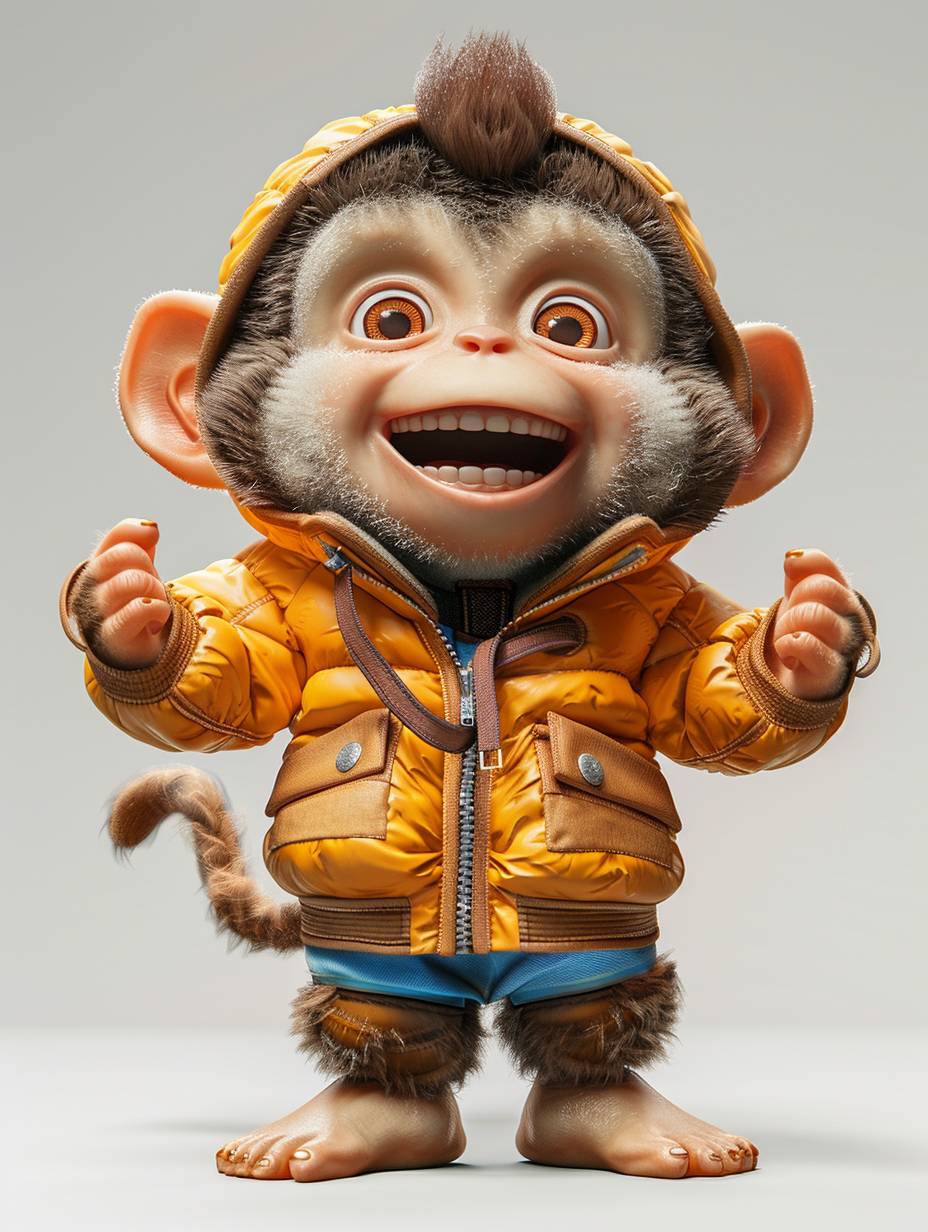 3Dアニメーションのハッピーな赤ちゃん猿、かわいいPixarスタイルのジャケットとパンツを着て、擬人化され、幸せそうに笑って可愛い、誇張された表情、マットな仕上げ、マルチアングルスタジオポートレート撮影、ArtStationで人気のキャラクターデザイン、純白の背景を強調。