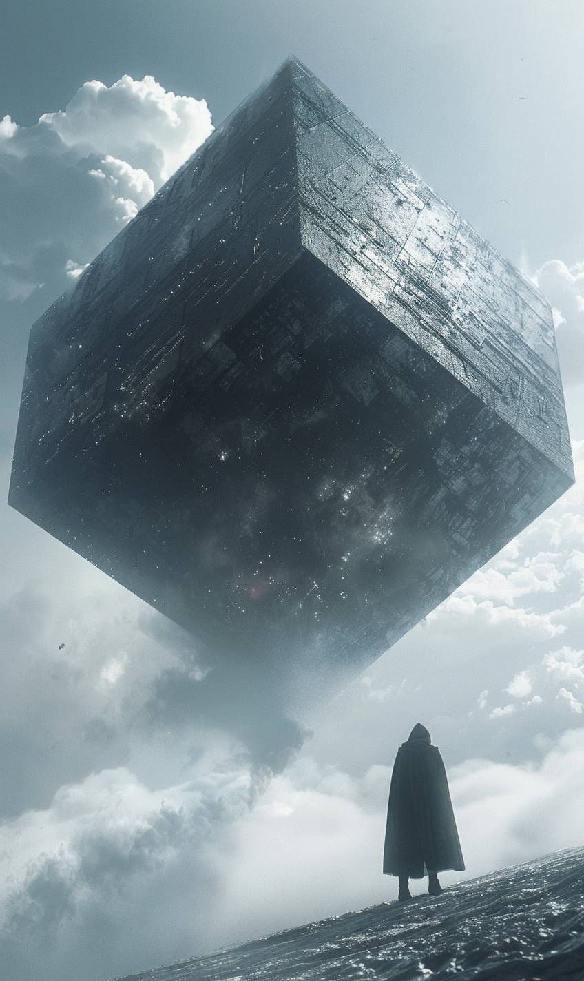 A tall slender dark steel octahedron floating above in the sky, ominous, top half of the octahedron has a steeper taller angle than the bottom half.