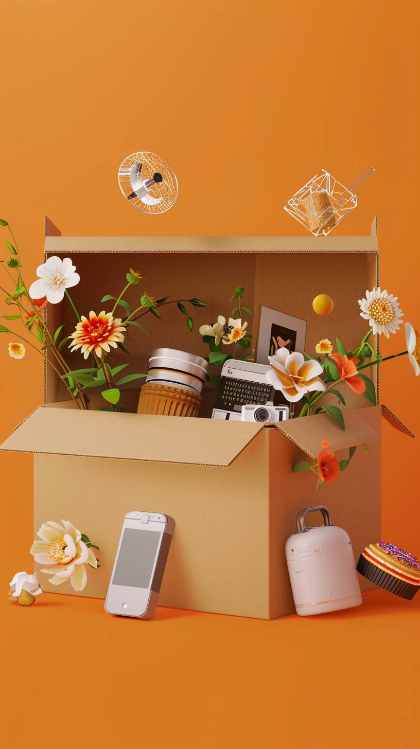 The cardboard box is open and filled with items, including flowers, computers, mobile phones, cameras, cakes, daily necessities, 3d style, oc renderer, high-definition texture, clean orange background space --ar 9:16 --v 6.0