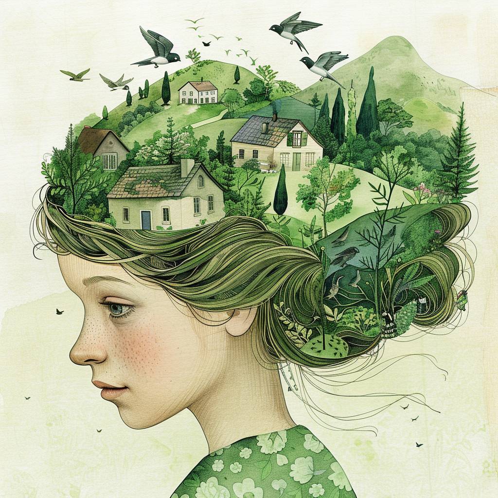 The girl's head is decorated with whimsical illustrations of houses, swallows, trees and hills in green tones, evoking the charm of a charming rural landscape. The background blends in with her hair, exuding an air of tranquility and creating a harmonious composition that captures the beauty of nature. The illustration symbolizes the harmony between humans and the environment, focusing on the face.