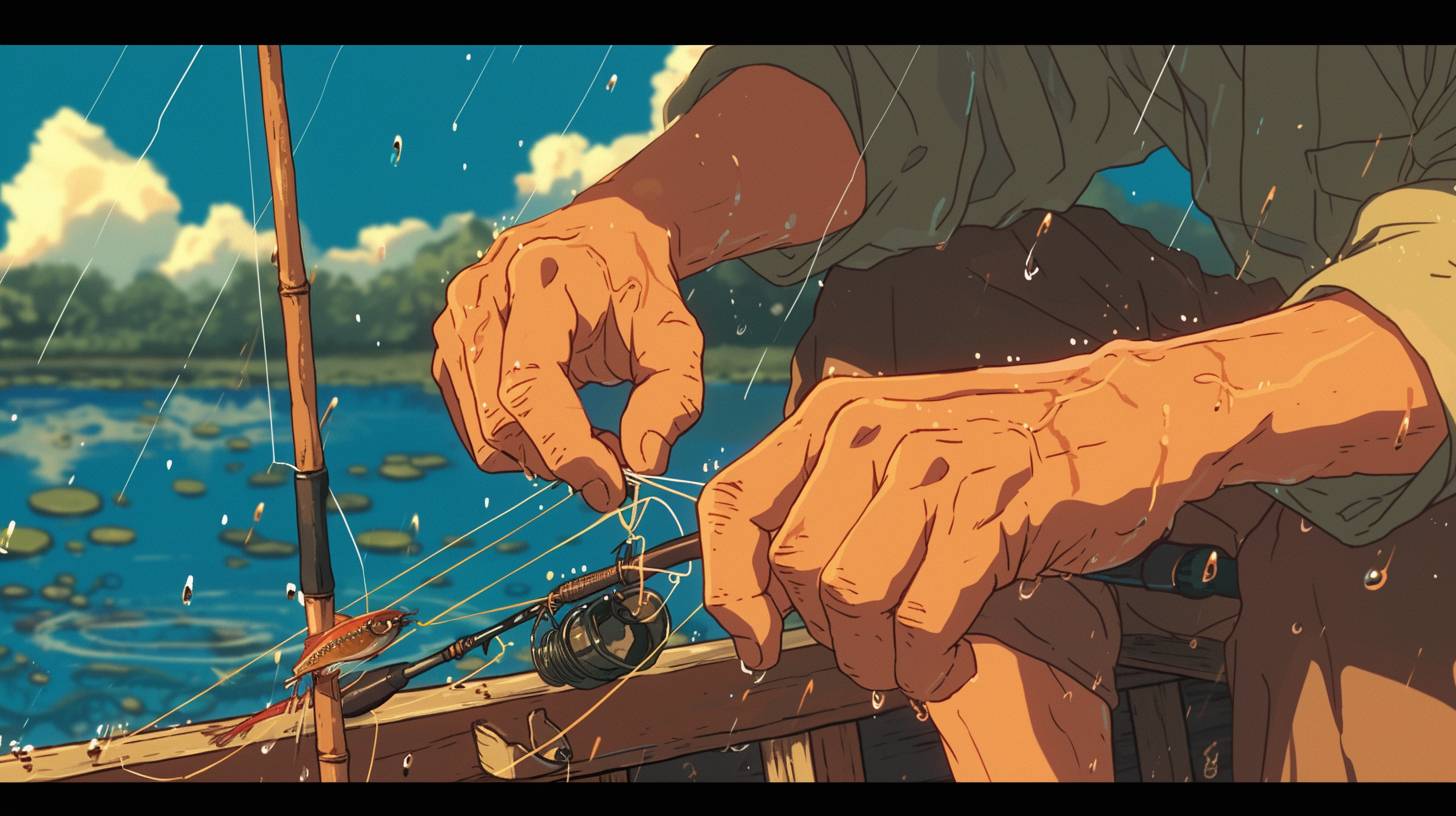 A close-up of a fisherman’s hands tying a lure under a drizzly sky, the raindrops hitting the surface of the lake around his boat, focusing on the tactile interaction of fingers, water, and fishing line, in the style of Makoto Shinkai --Rainbow 6--Aspect Ratio 16:9