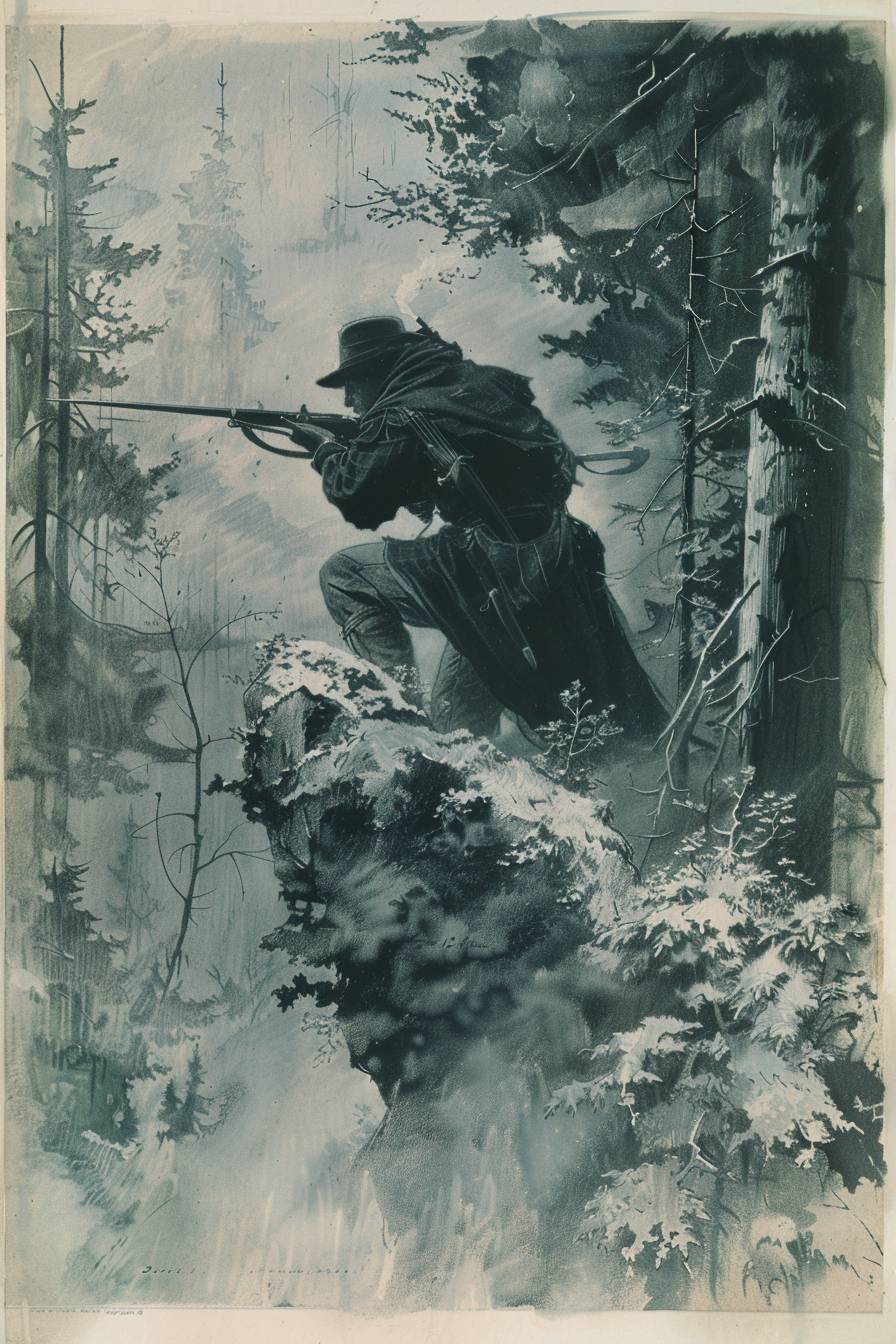 Full-page scan of 1880s book etching by Peter Mohrbacher depicting dark elven hunter