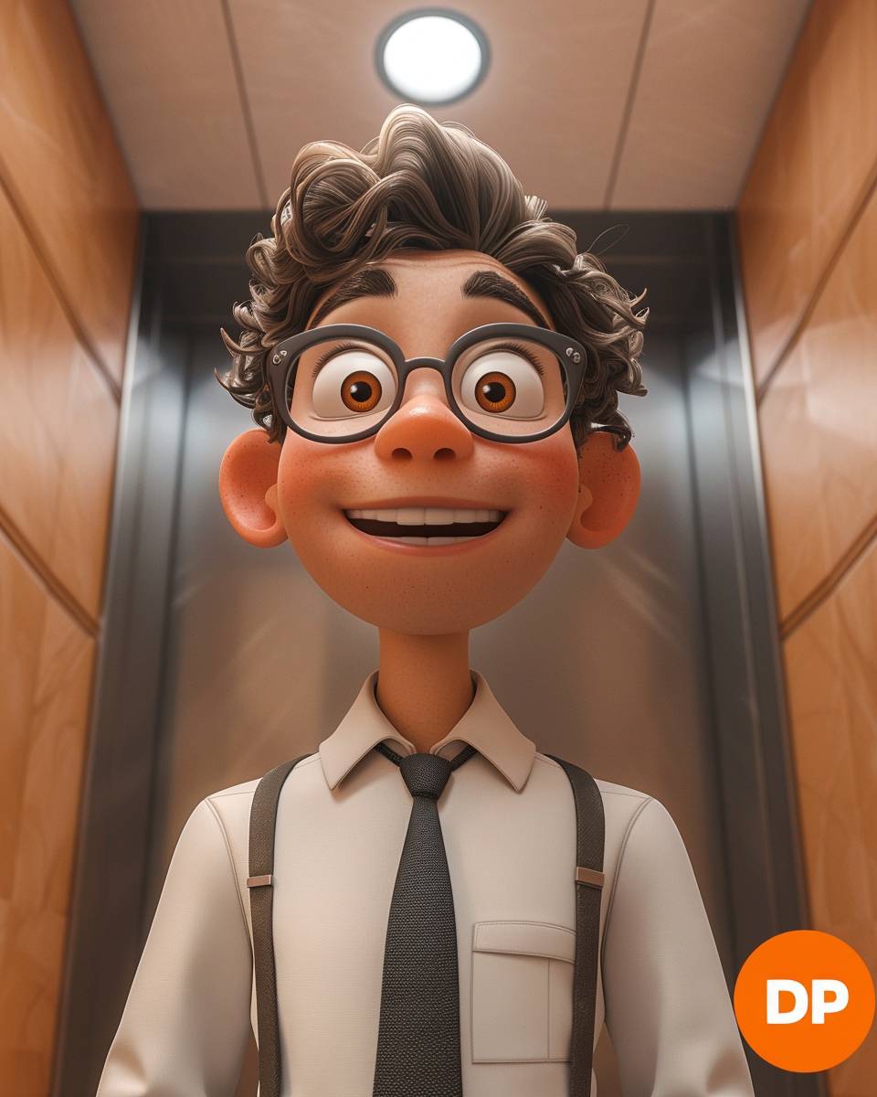 ディズニーとピクサーアニメーションに触発された、エレベーターに乗る微笑みのセールスパーソンの3Dカートゥーンアニメーション。
