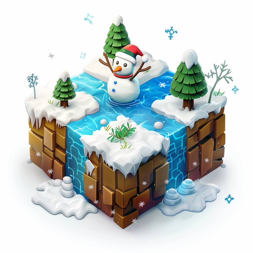 Isometric cube with Minecraft style, white background, 3D rendering, cute winter scene with snowman in the center, blue ice flowing from one side to another, small snow patches on top of it, a pine tree at each corner, small snowflakes around the edge, cartoon style, 2d game art, high resolution, high detail, vibrant colors, colorful, cute