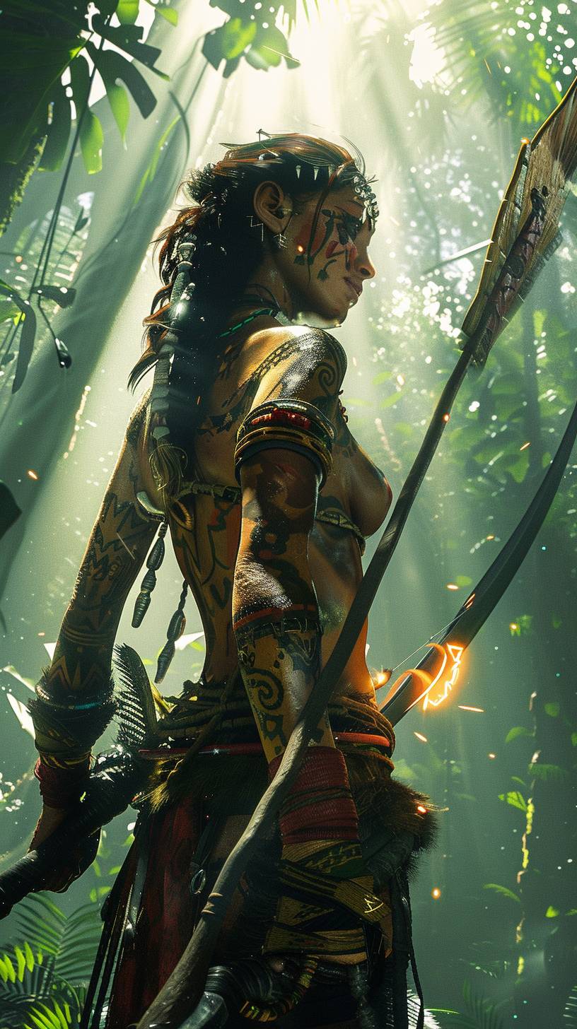 A realistic cinematic poster depicting a fierce Amazonian warrior with intricate tribal tattoos and a spear with glowing tips. She stands tall in a dense jungle, with beams of sunlight piercing through the canopy. The low angle shot captures detailed facial features and a dynamic pose, while the high resolution poster features cinematic lighting and vibrant colors. Cinematic film poster --ar 9:16 --v 6.0