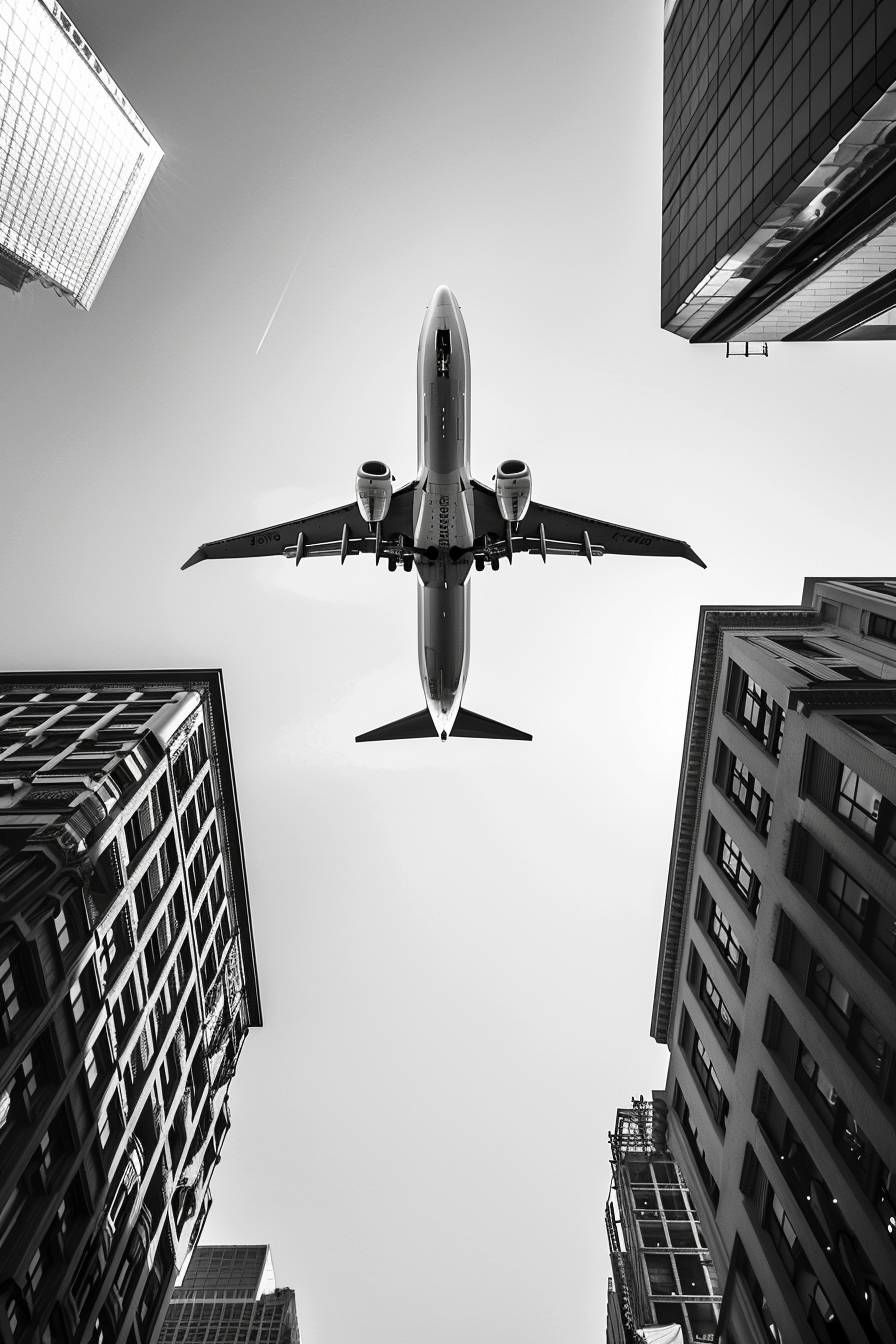 都市の下から見た景色、晴れた空を飛ぶ飛行機、モノクロ写真、ディテールに焦点を当てる