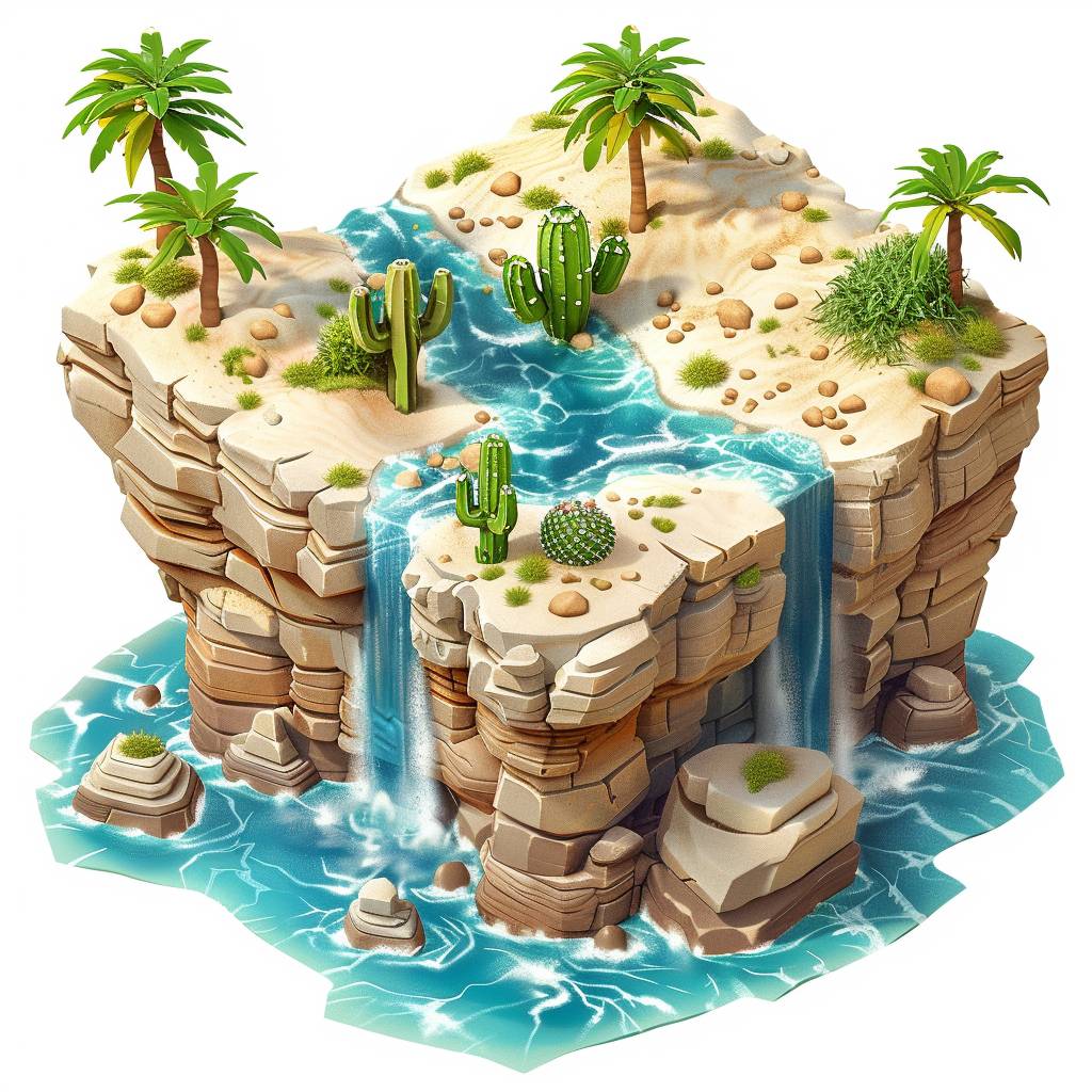 Isometric cube with Minecraft style, white background, 3D rendering, cute desert island with cacti in the center, blue water flowing from one side to another, small sand dunes on top of it, a palm tree at each corner, small rocks around the edge, cartoon style, 2D game art, high resolution, high detail, vibrant colors, colorful, cute