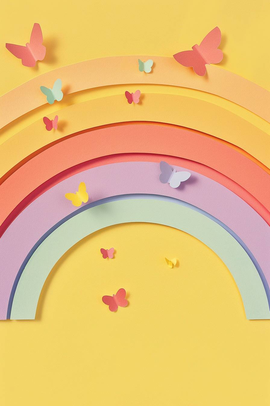 A pastel-colored rainbow in pastel purple, pink, blue, light green, and light yellow, a simple light pastel yellow background, designed as an icon in the style of David Shpeiker, featuring flat design, simple shapes, tiny birds flying, a very simplified version of cutout paper collage on textured cardboard
