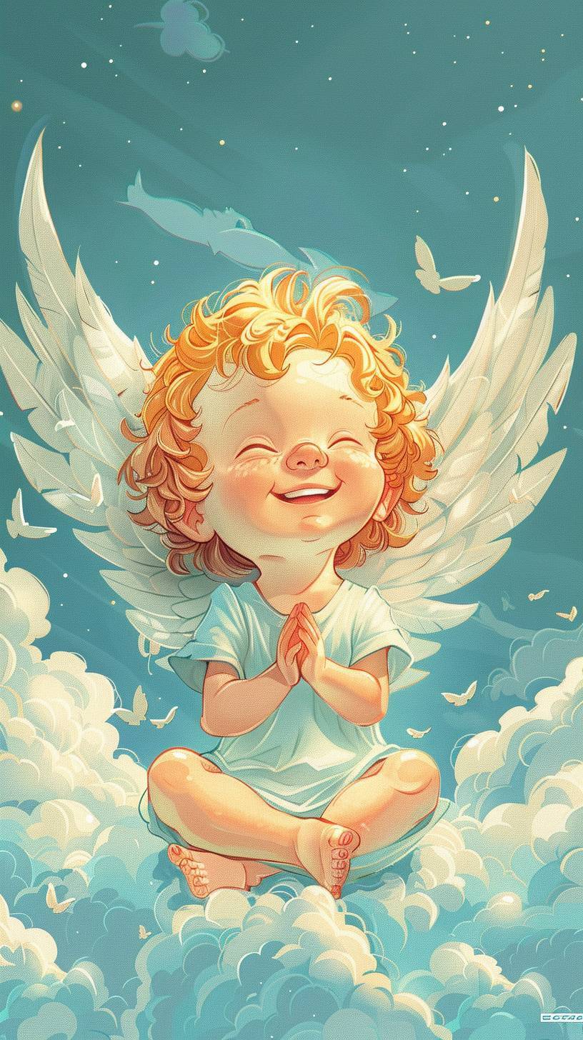 新生児のエンジェルのコミックスタイル、全身がブロンドで、青い目と短い巻き毛、目を閉じて微笑んでいる。白い翼を持ち、彼は天国にいます。