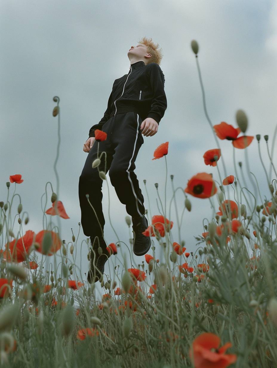 A photo of a blonde man wearing a black tracksuit, floating in the air surrounded by poppy flowers, in the style of Tim Walker and Rineke Dijkstra