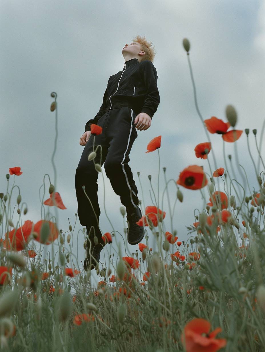 黒いトラックスーツを着たブロンドの男性が空中を浮遊し、ポピーの花に囲まれた写真、ティム・ウォーカーとリネーキ・ダイクストラのスタイル