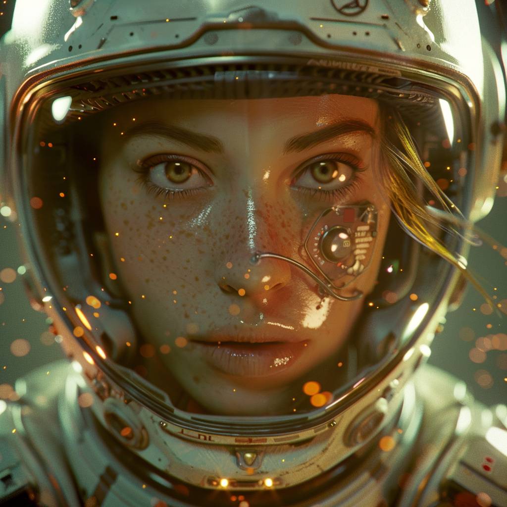 The player is wearing an astronaut helmet in the style of cyberpunk dystopia, 32k UHD, womancore, bronze and amber, dreamlike settings, gorecore, Ivan Albright-AR 107:53 -v 6.0