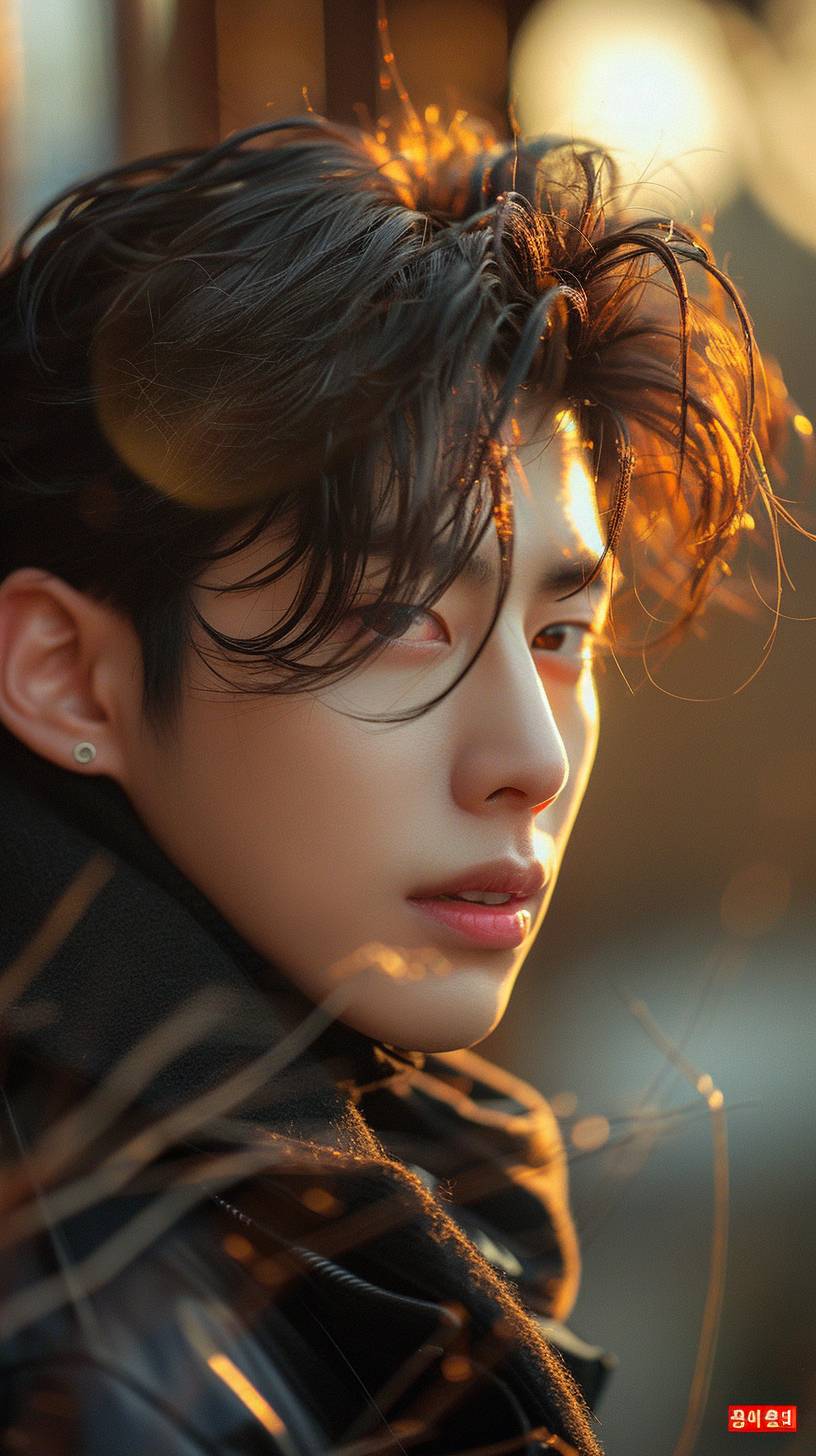 Realistic photo, Close-Up Shot, Korean actor Cha Eunwoo, 28 years old, Homme Fatale, male model, looking in the direction of the camera, in the style of gongbi, dreamy and romantic, exaggerated facial features, light black and light amber, aurorapunk.