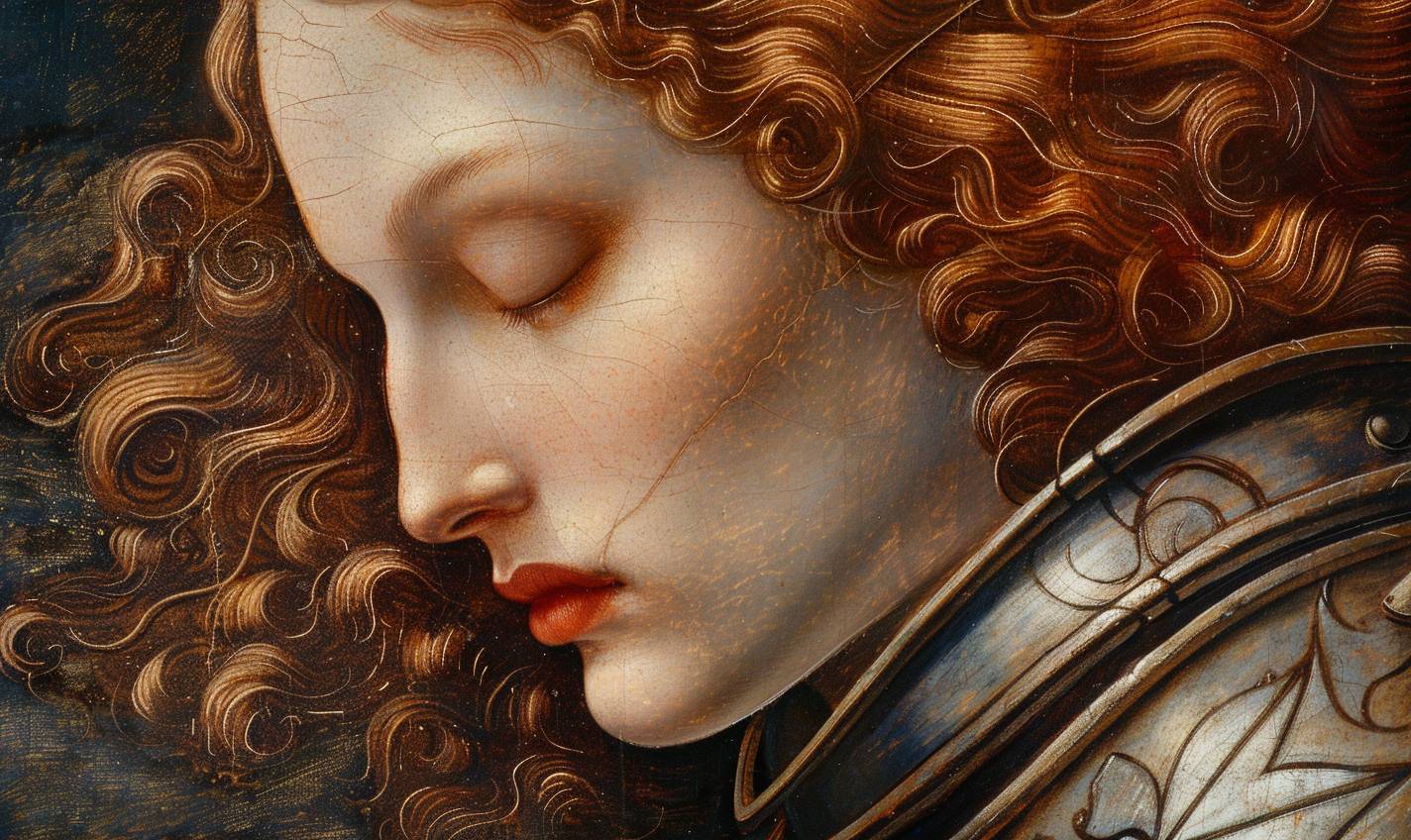 Close-up portrait painting of Joan of Arc by Edward Burne-Jones, version 6.0, aspect ratio 5:3, relaxed style