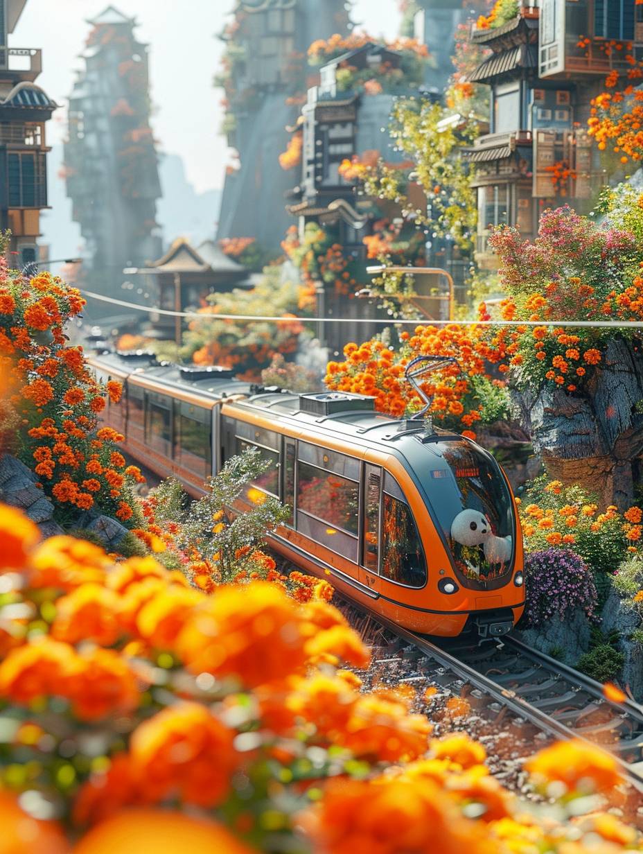 A train made of clear glass, carrying cute pandas, spring, modern city, bright soft colors, soft natural light, 3D rendering miniature, colorful, futuristic, bright sunshine, UE, Sinsing Render, Blender.