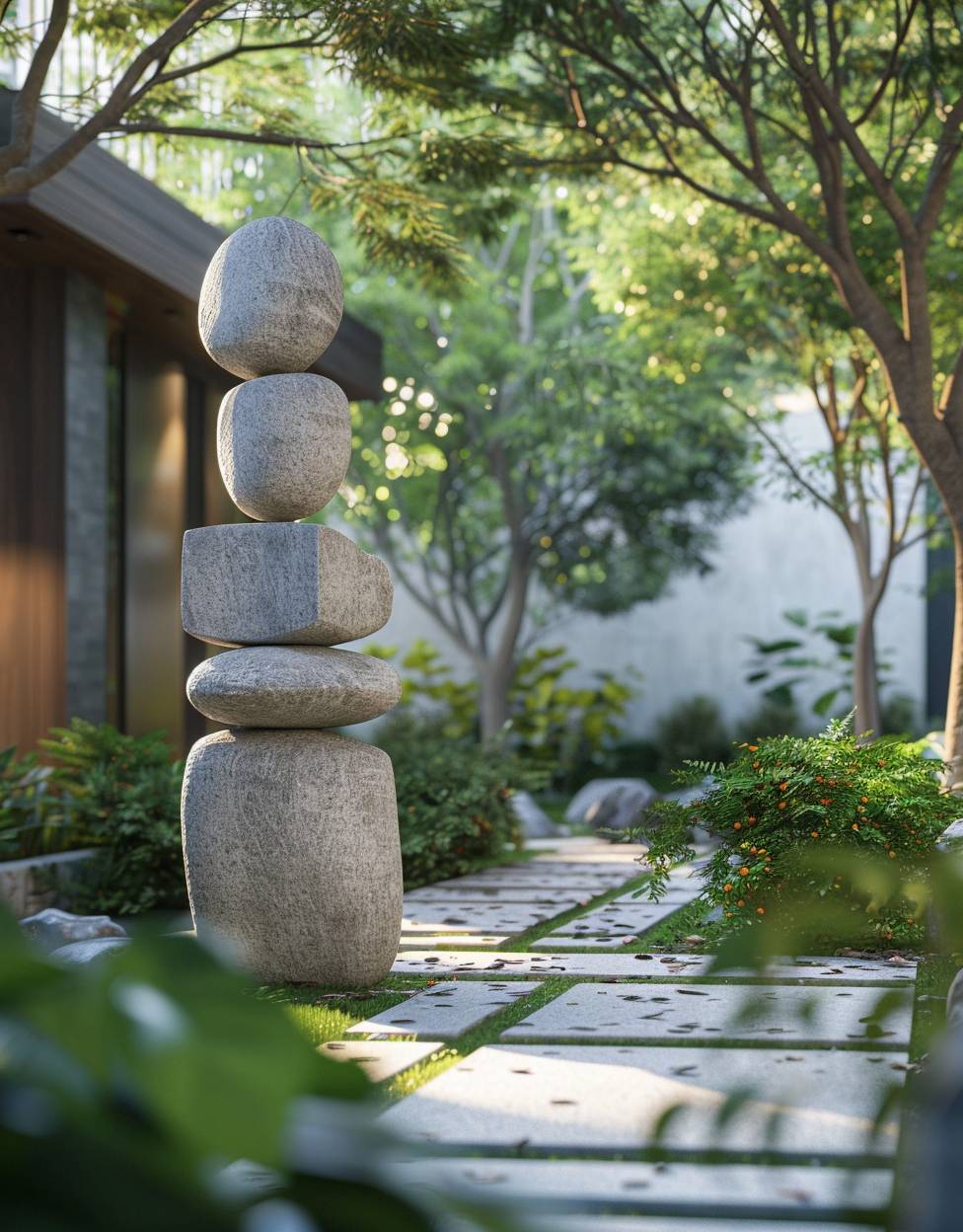landscape architect, in the style of tranquil serenity, 【vray tracing】, stone sculptures, 【32k uhd】, 【somber mood】, minimalism with movement, wood