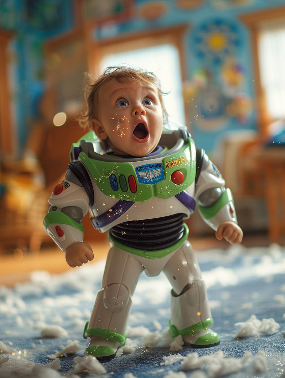 Surreal photography, a 1-year-old baby as the actor of Buzz Lightyear standing in the cartoon of Toy Story, the baby as the actor of Buzz Lightyear, Pixar poster