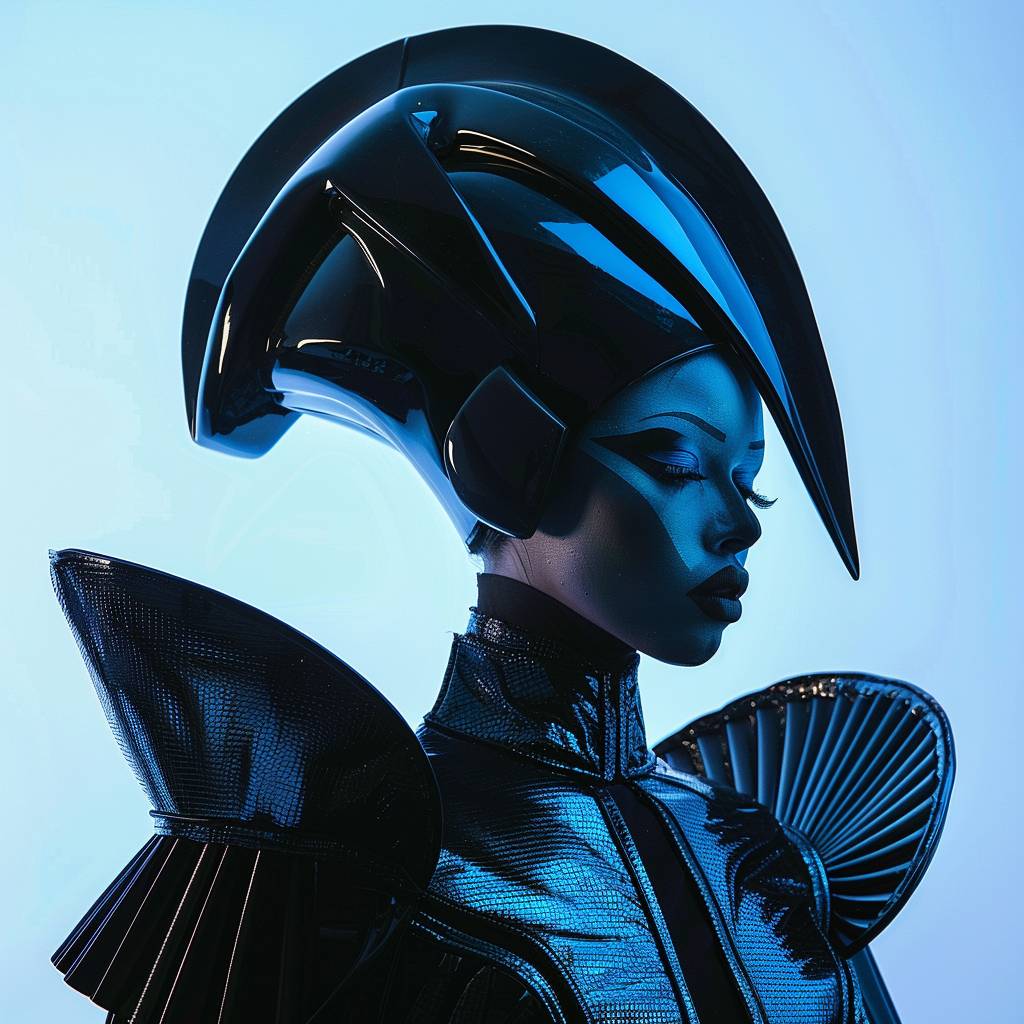 A futuristic fashion portrait of a model wearing a shiny, black, avant-garde outfit with exaggerated shoulders and a large, sculptural headpiece. The setting is minimalistic with a blue gradient background. The lighting is dramatic, highlighting the glossy texture of the outfit and casting deep shadows, creating a striking and bold aesthetic.