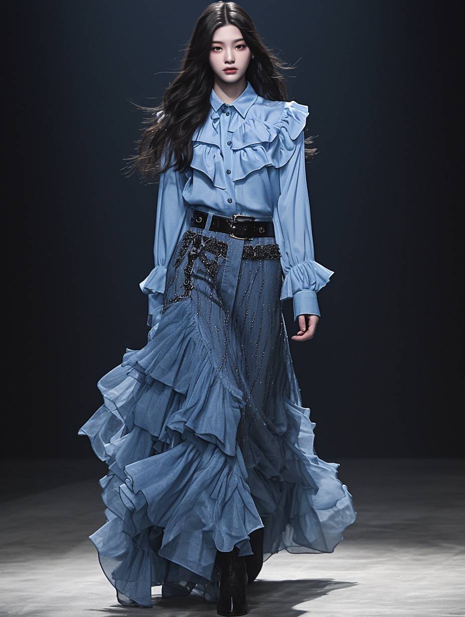 A Kpop idol wearing a simple blue shirt and long skirt in the style of ditsy frill, topped with ruffles appeared on Vogue Runway.