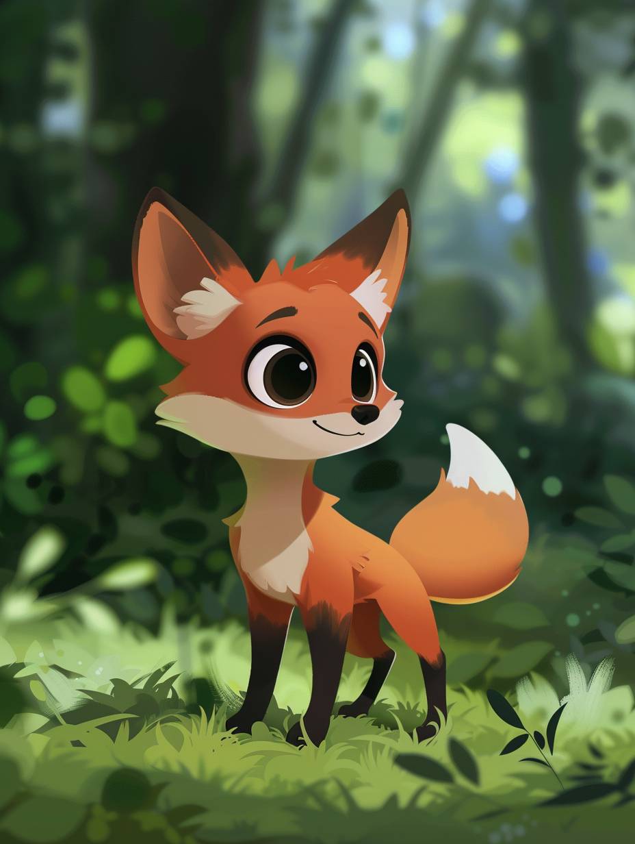The illustration shows a dense forest background, with the little fox Xiao Leng standing on the grass with a firm look in his eyes and his tail gently swinging.
