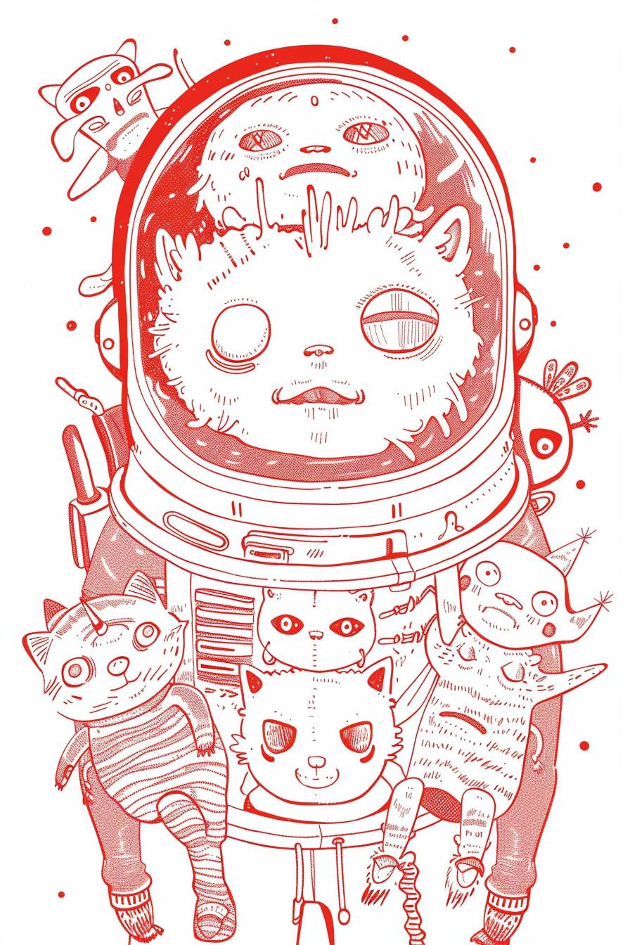 A manga-style illustration of an Astronaut with multiple eyes and mouths, surrounded by 6 cute creatures. The background is white, creating contrast against the red outlines. Simple lines are used to capture her expressions and textures in detail. The illustration is in the style of multiple artists. flat illustration, minimalist, white and red palette, cute style.