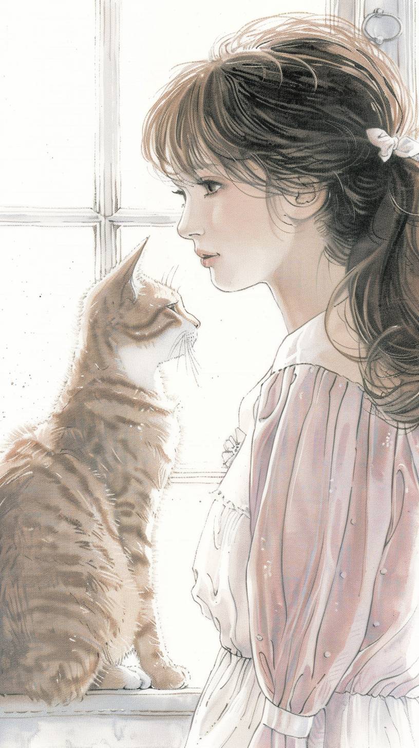 A girl with brown hair and her tabby orange cat sitting next to a window sill